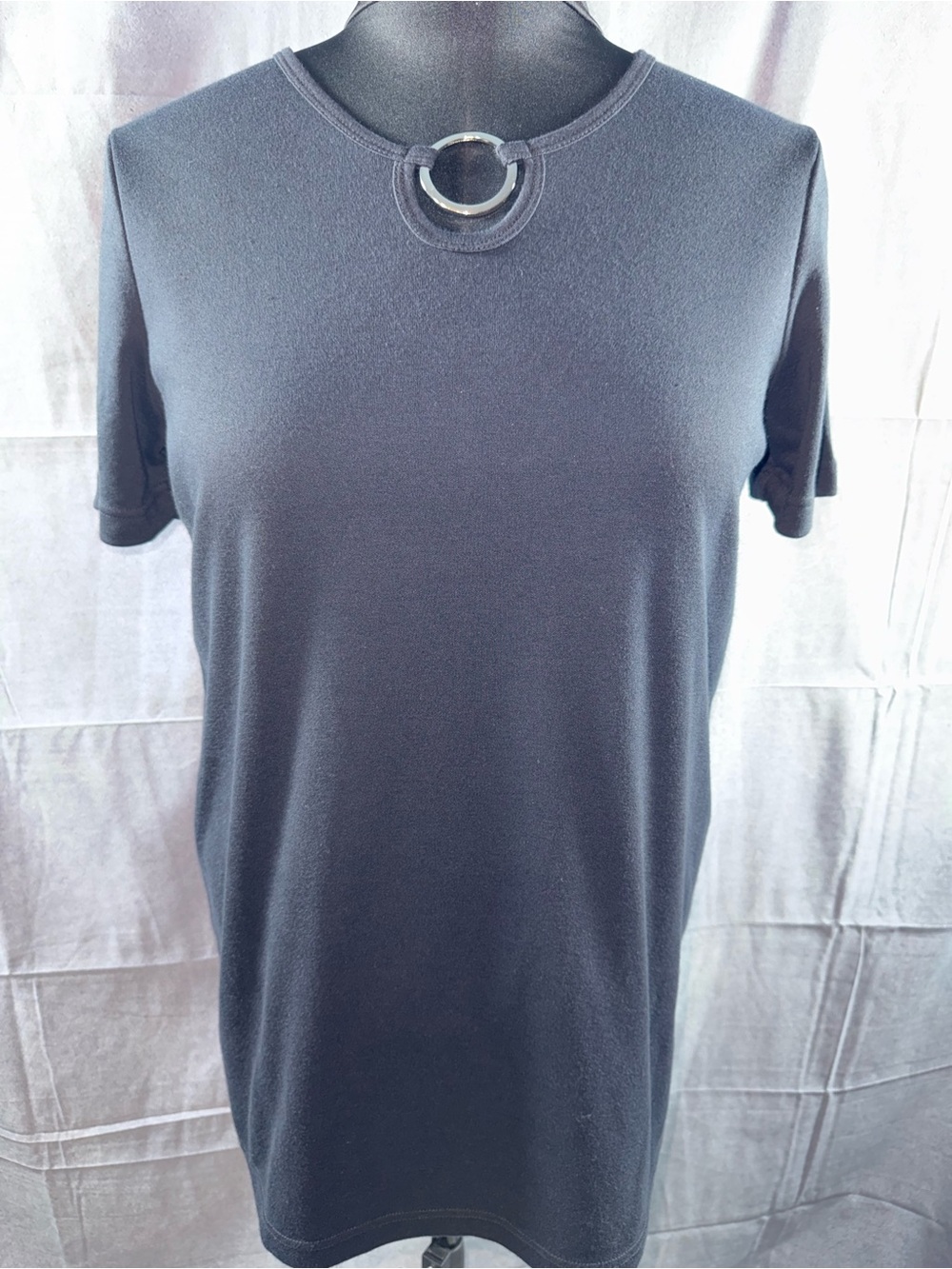 2706-Veranesi Black Short Sleeve Tee with Silver Ring Neck Detail